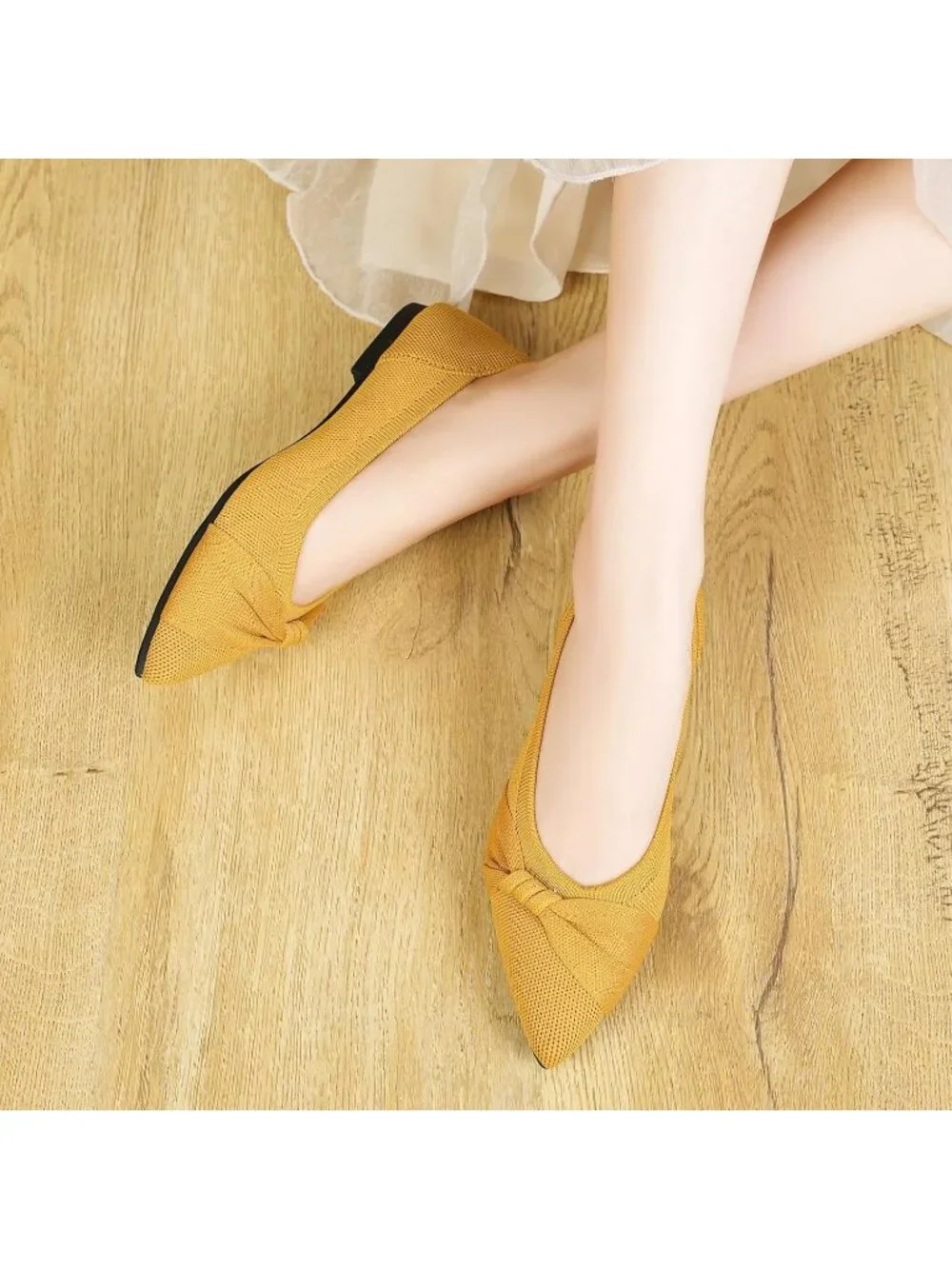 Women's Yellow Knit Comfortable Ballet Flat Pointed Toe Lightweight Casual Shoes